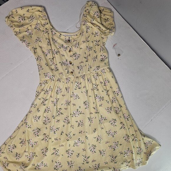 No Boundaries Juniors M 7-8 Peasant Mini Dress Yellow Floral Hi Low Summer - Picture 4 of 15